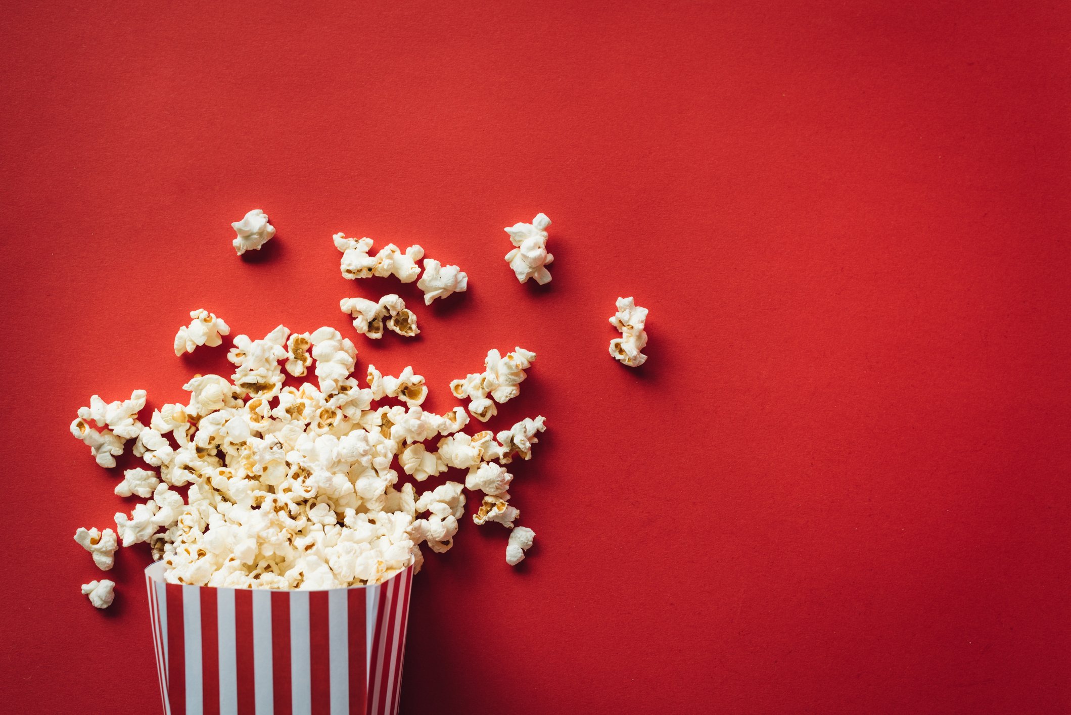 Popcorn in a popcorn box.