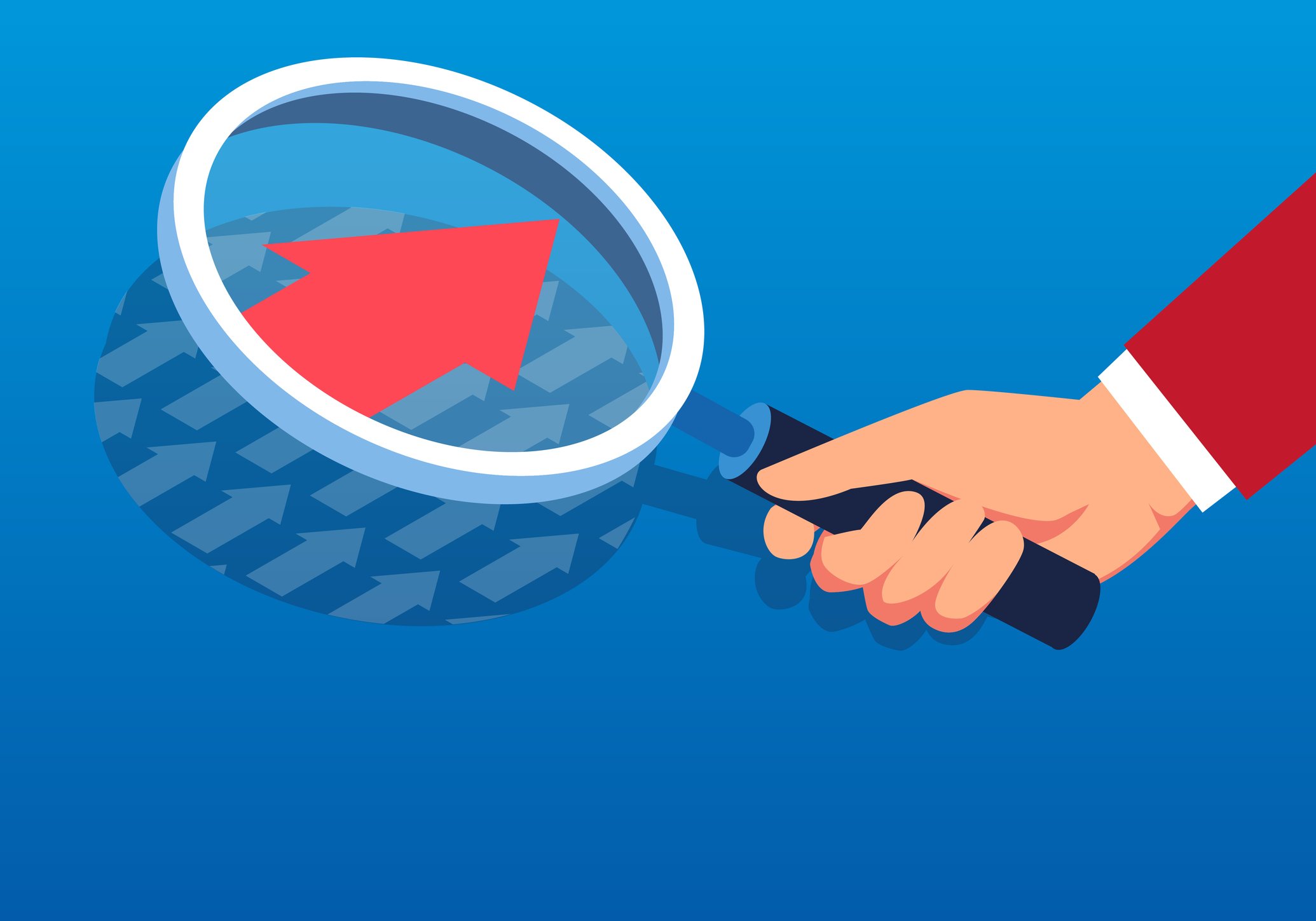 An illustration of a person holding a magnifying glass over an arrow.