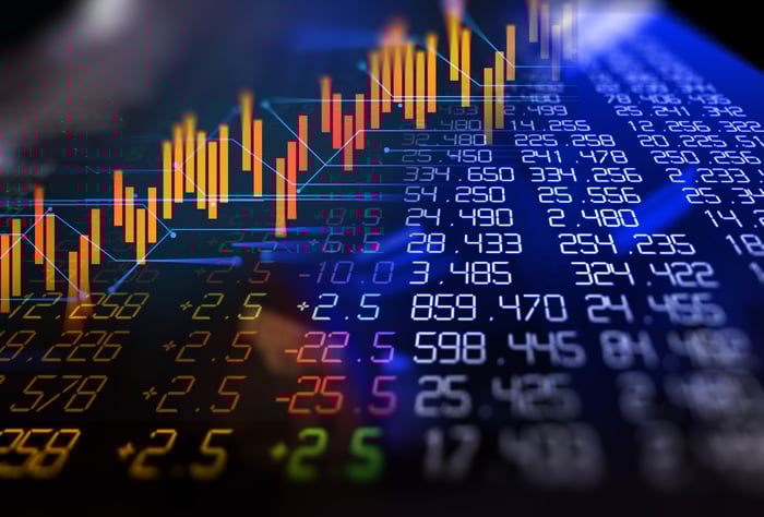 Stock graph laid over columns of numbers.