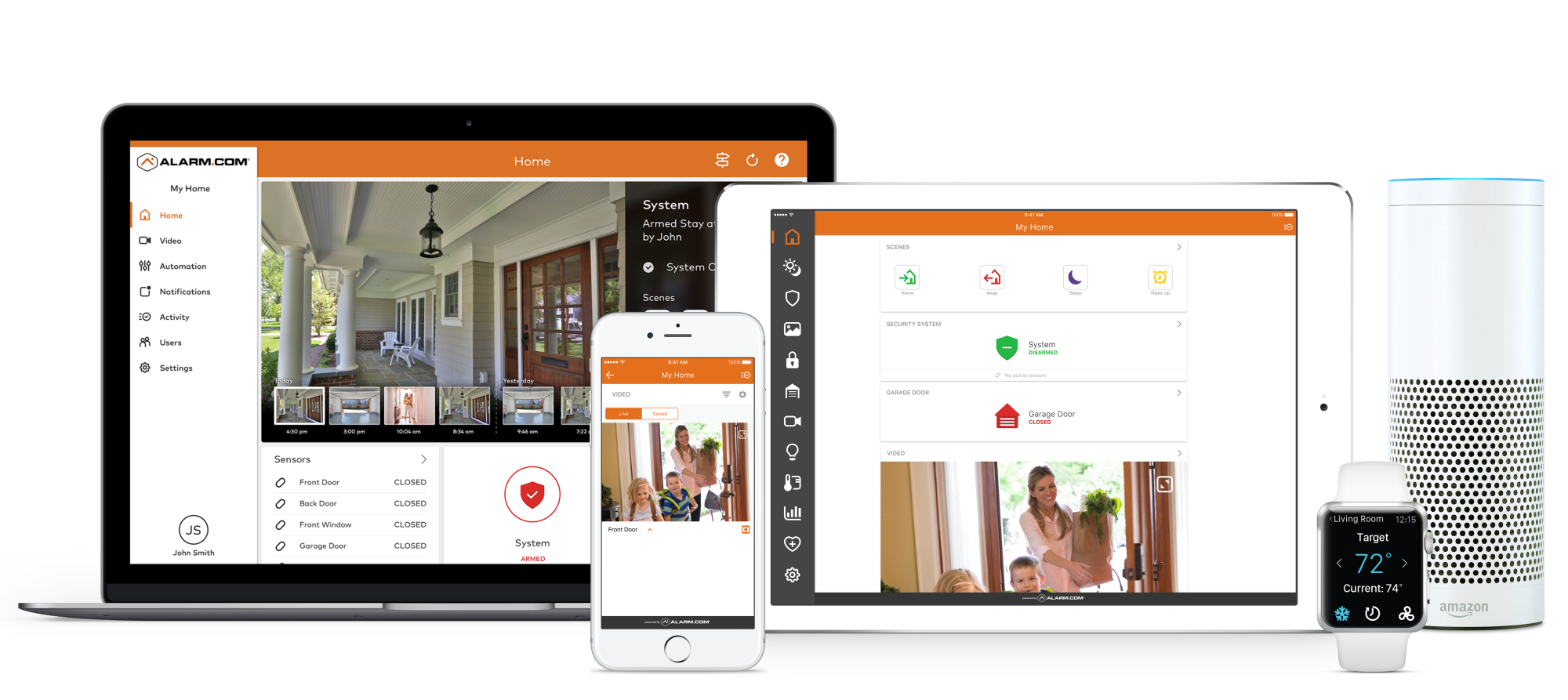 Alarm.com software running on various devices.