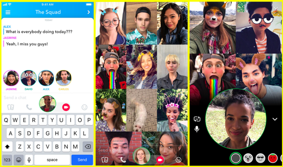 Three photos in a photo grid show off Snapchat's group video chat