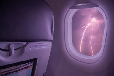 Airplane window showing stormy weather