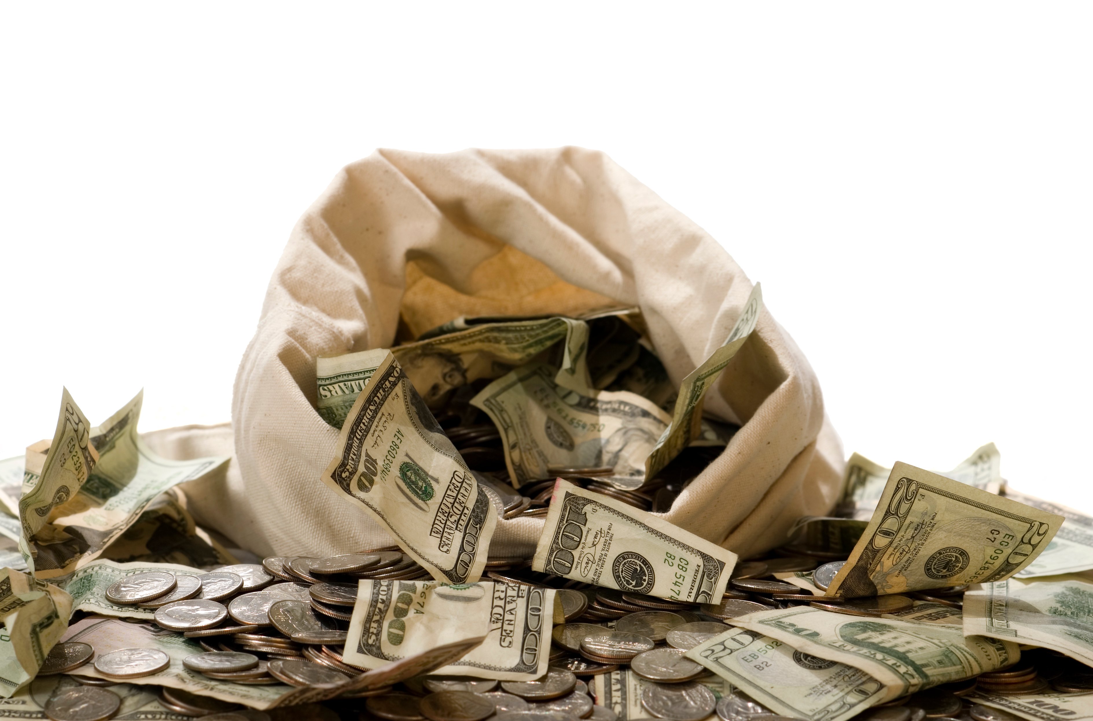 Money spilling out of a burlap sack.