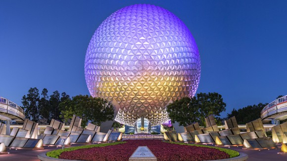EPCOT's Spaceship Earth at night.