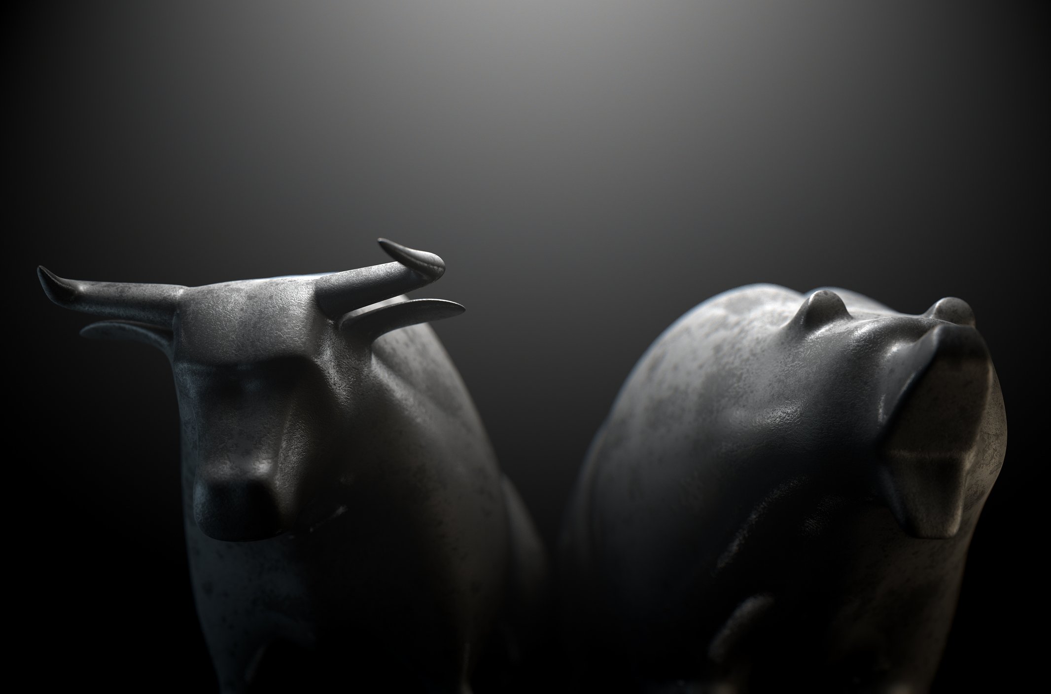 Grey bull and bear figurines with a black and grey background.