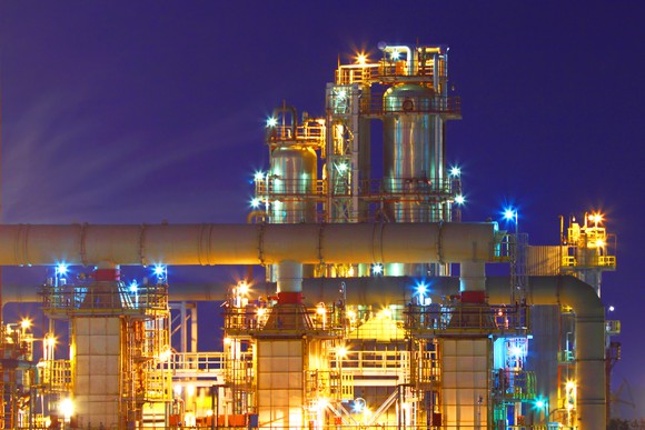 Natural gas processing facility at night.