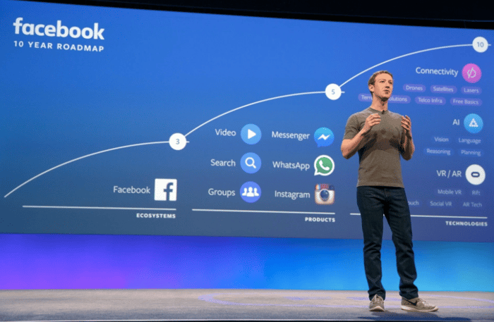 Facebook CEO Mark Zuckerberg is pictured talking on stage in front of a screen that shows a ten-year roadmap for Facebook.