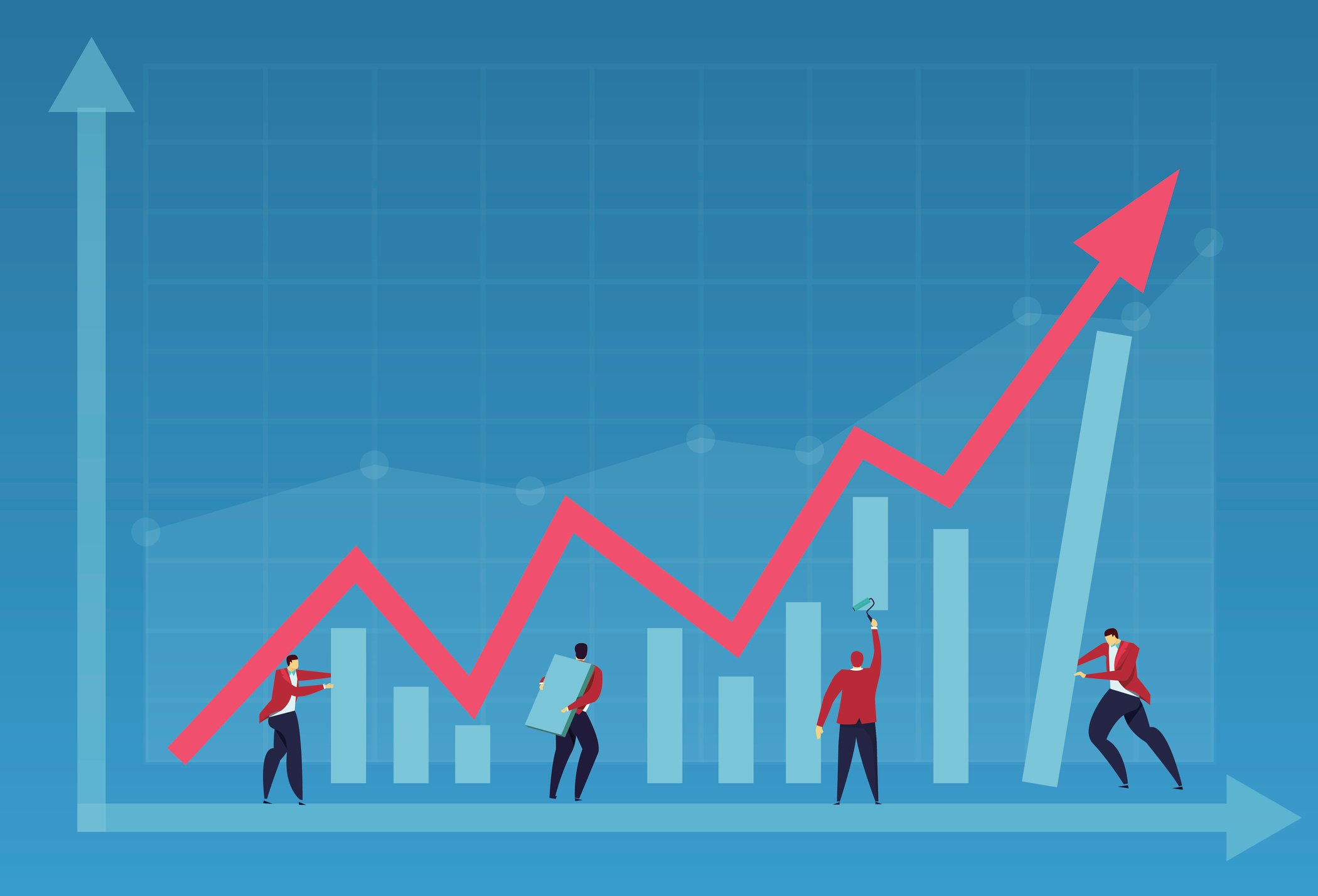 Cartoon figures and upward graph.