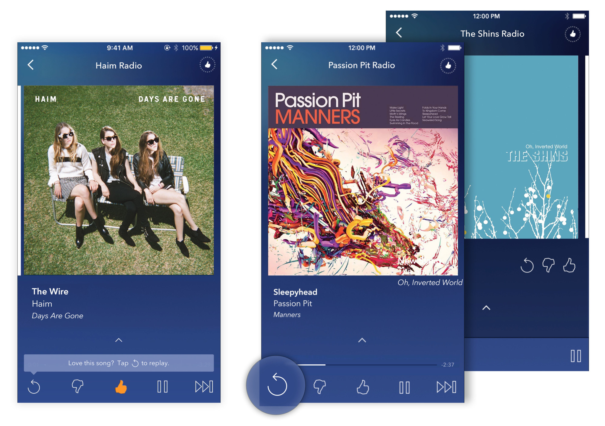 Three screen grabs of Pandora's mobile app.