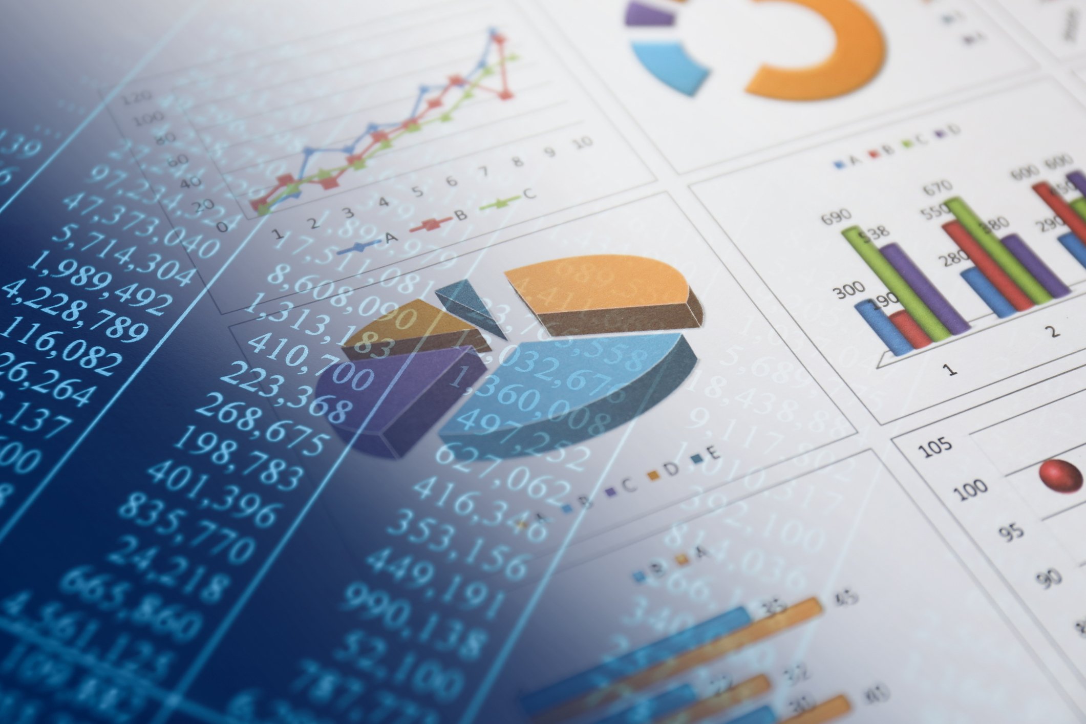 Financial numbers, charts, and graphs.