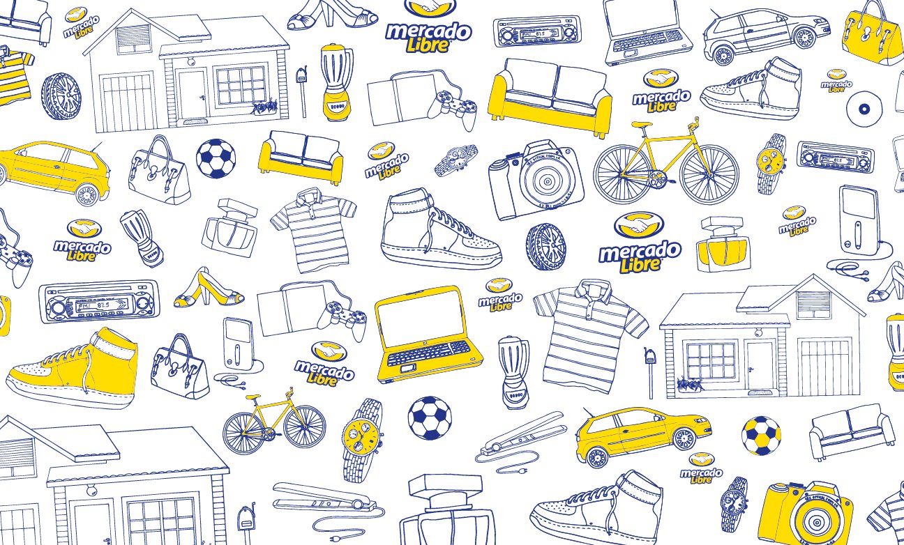 Outline drawings of dozens of household, clothing and electronic items, with MercadoLibre's logo