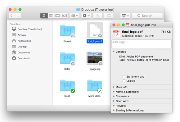 Dropbox interface on Mac