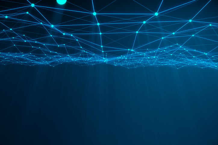 Illuminated lines on a blue background illustrating abstract cloud networking concept.
