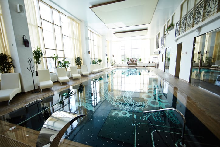 Indoor swimming pool at upscale time share resort.