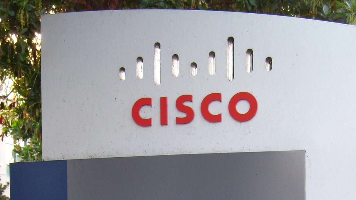 The Cisco logo on a sign.