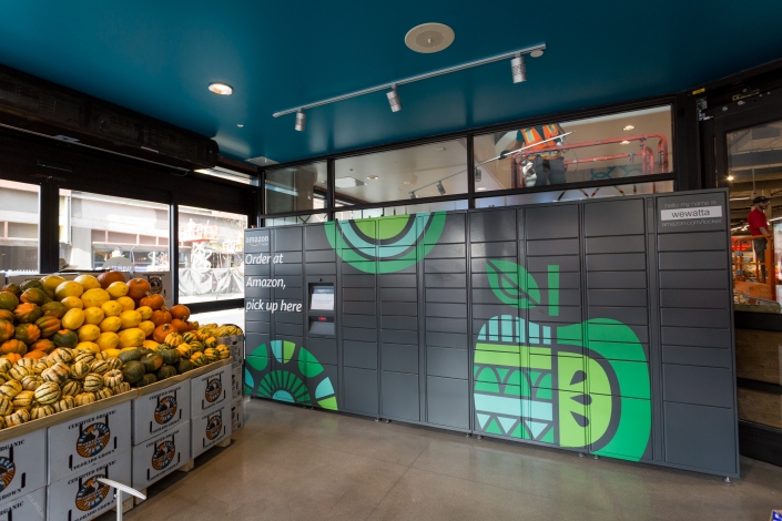 An Amazon Locker located inside a Whole Foods. 