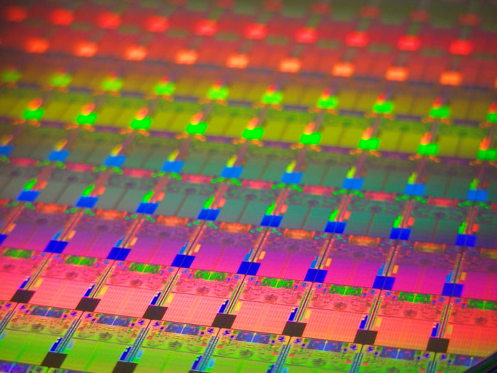 A wafer of Intel processors