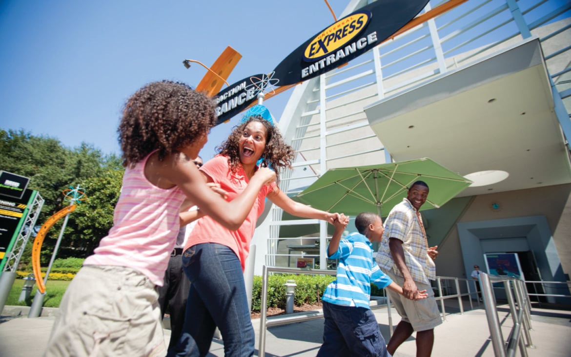 A family entering the Men in Black ride at Universal Studios Florida.