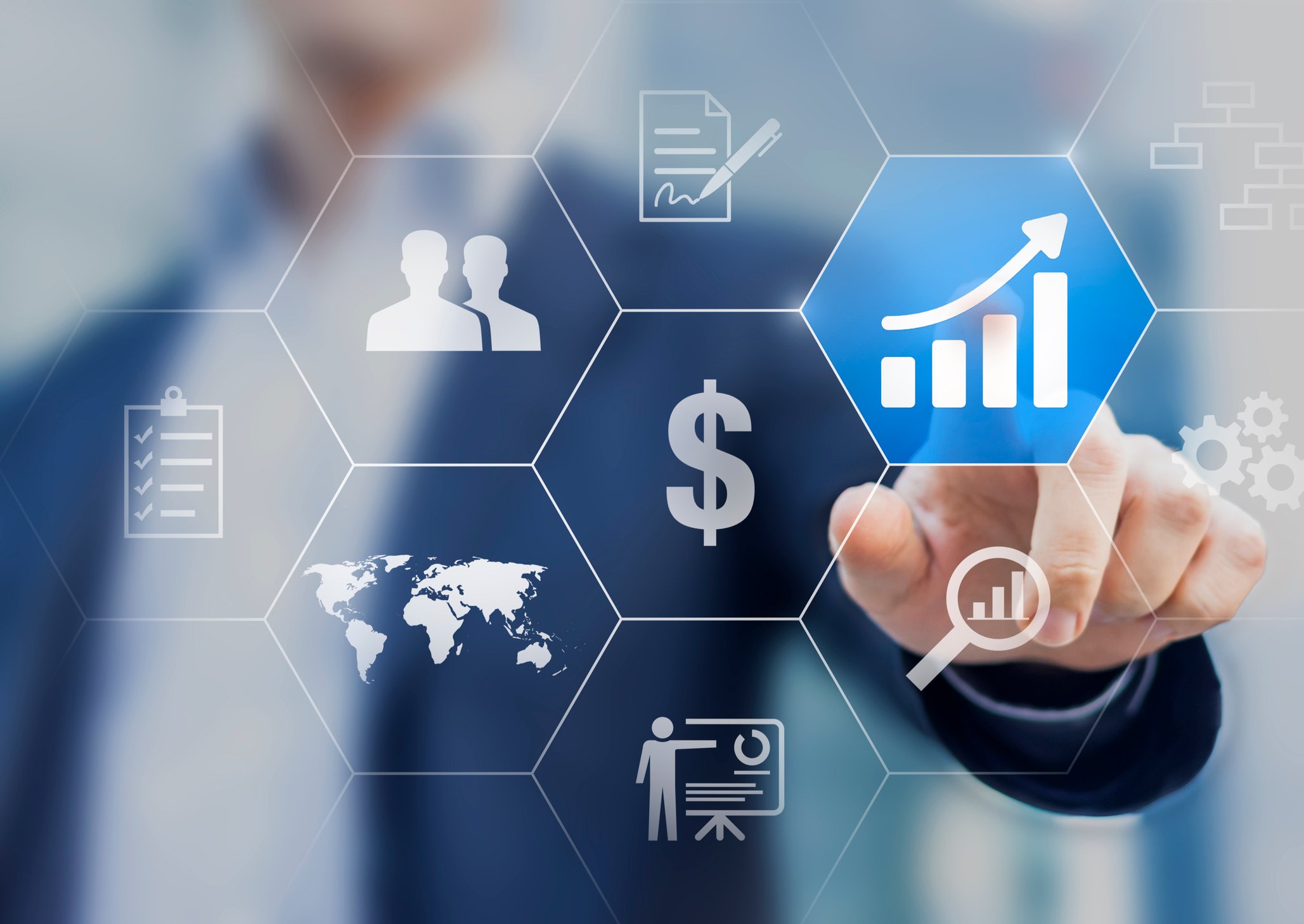 Man pointing to icon with bar chart and line going up