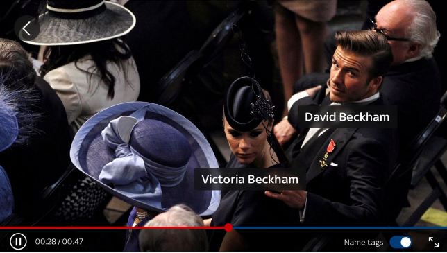 David and Victoria Beckham dressed up with their names under their images -- an example of how Sky News' "Who's Who Live" service works.