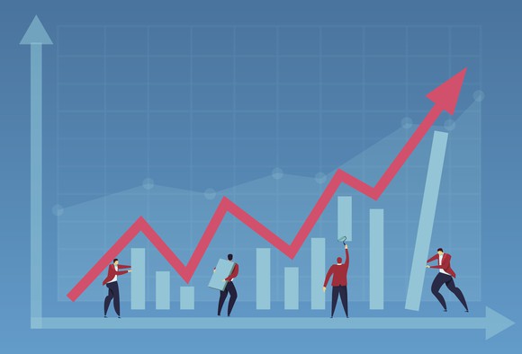 An arrow moving up and to the right as it traces increases in a bar graph.