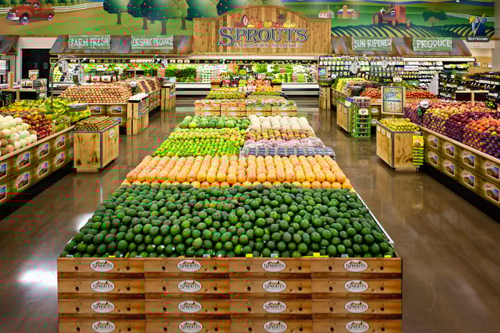 The interior of a Sprouts store featuring rows of fresh produce.