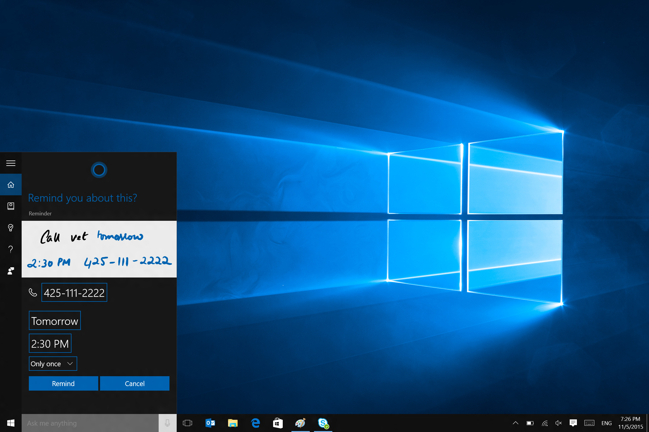 Cortana interface in Windows 10 Start Menu