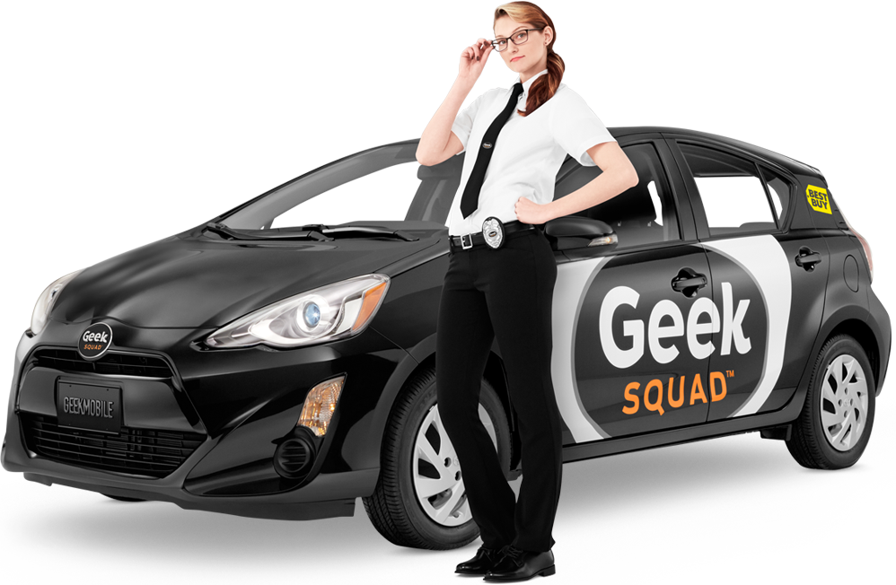 Female Geek Squad member from Best Buy posing next to Geek Squad car