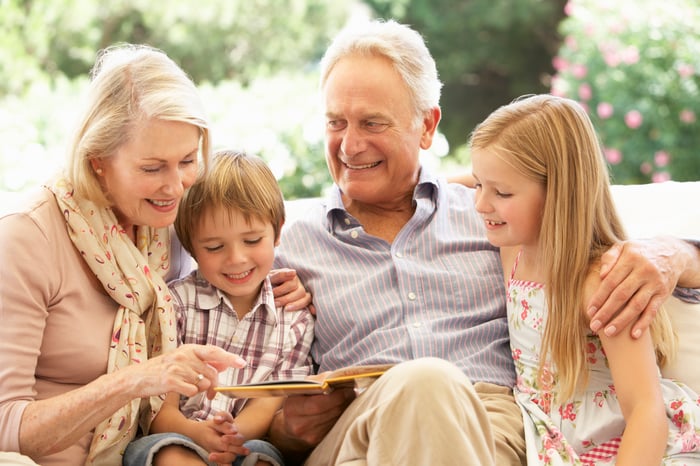 Grandparents reading to two young grandchildren.