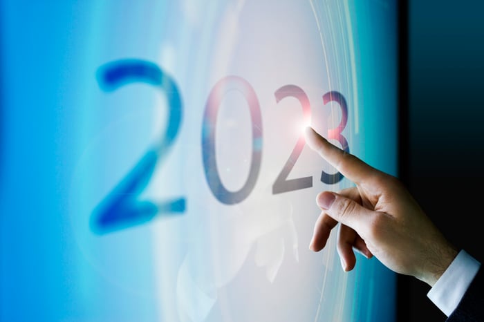 Finger touching a screen displaying the number 2023.