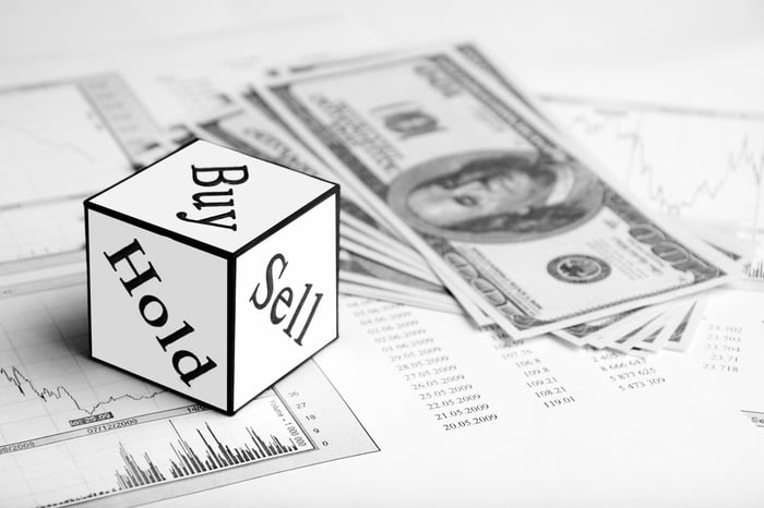 A die with sides showing buy, sell, and hold besides several $100 bills.