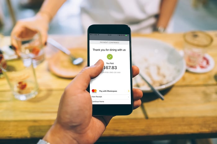 Smartphone user paying with Mastercard on a smartphone.