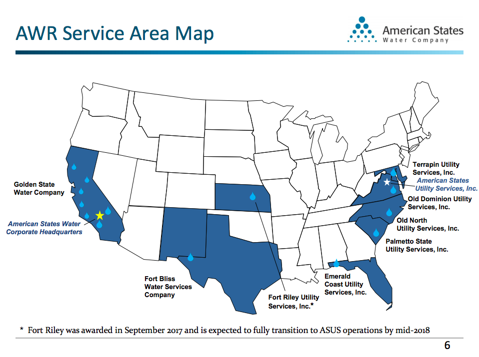 A map of the United States showing American States Water's portfolio, with military contracts extending its reach beyond California.