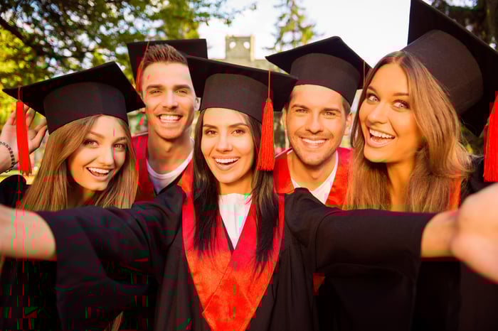 Three women and two men in caps and gowns, smiling