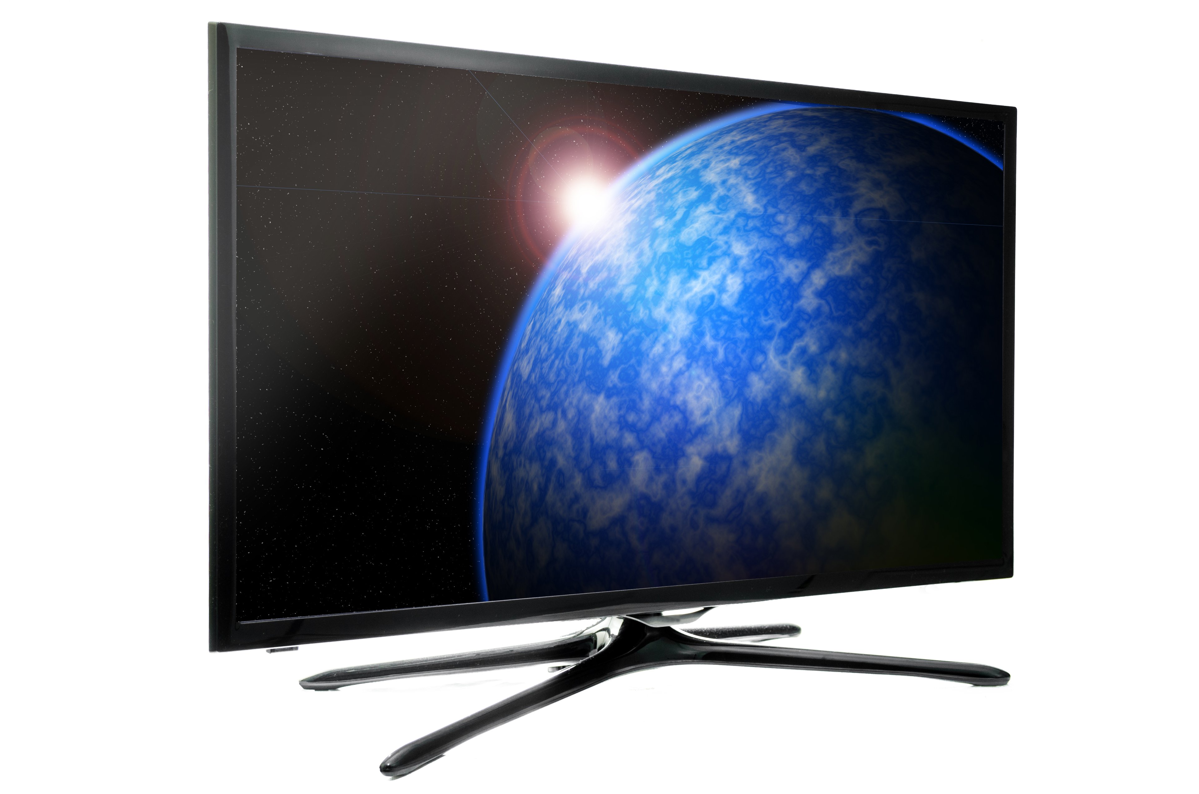 Flat panel TV showing sun rising over Earth
