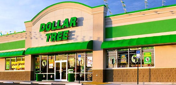 Dollar Tree storefront with green awnings and lettering