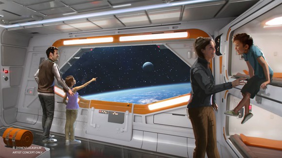 Star Wars Hotel concept art showing a family in a room with bunk beds and a space window.