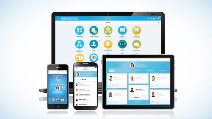 Workday software running on multiple devices including a laptop, smartphones, and tablet computer.