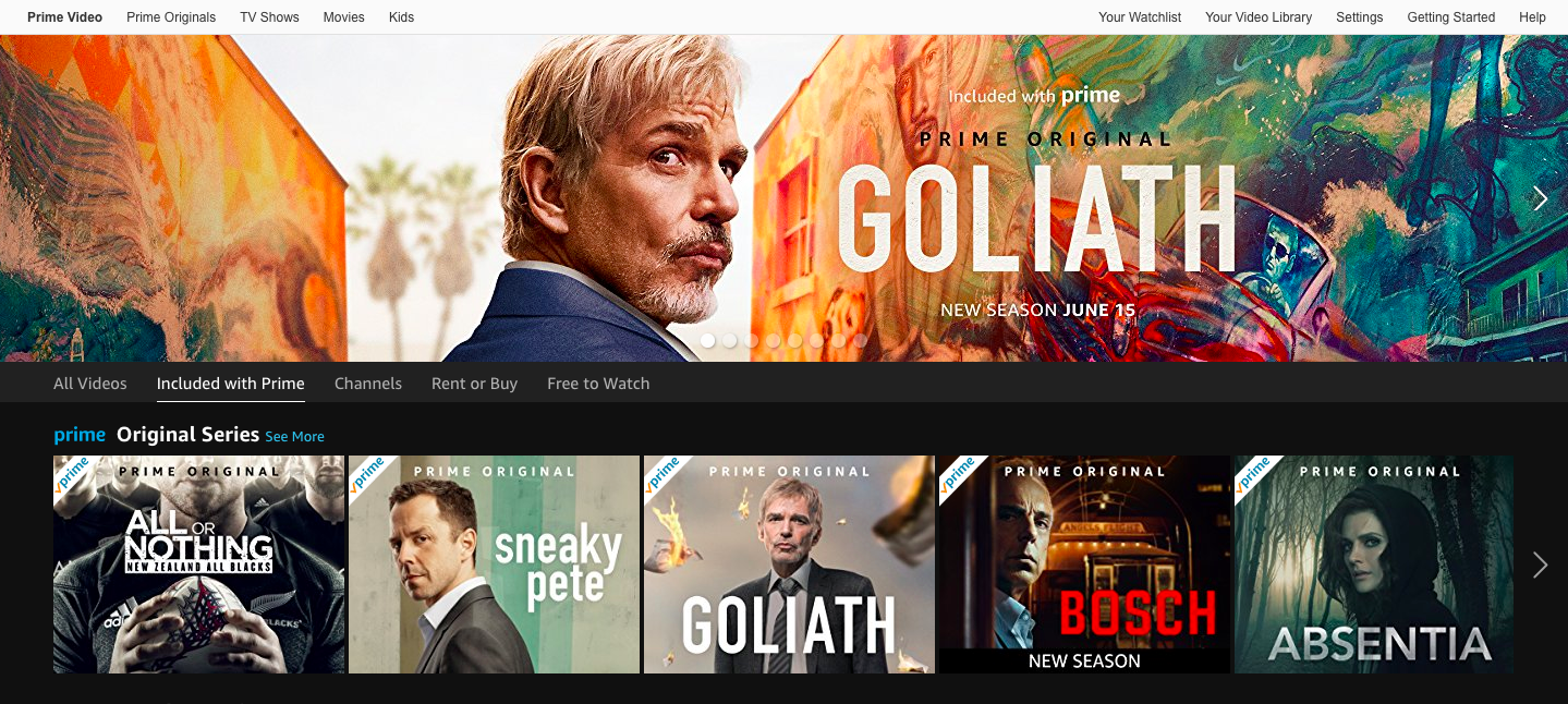Amazon Prime Video homescreen shows a banner for Goliath