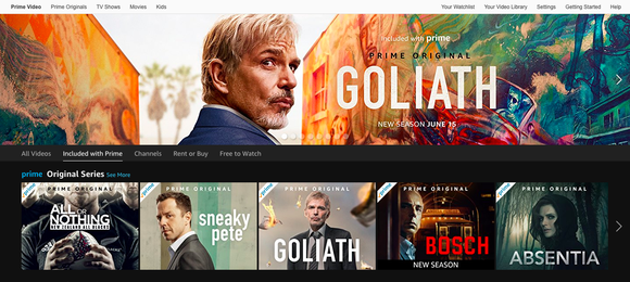 Amazon Prime Video homescreen shows a banner for Goliath