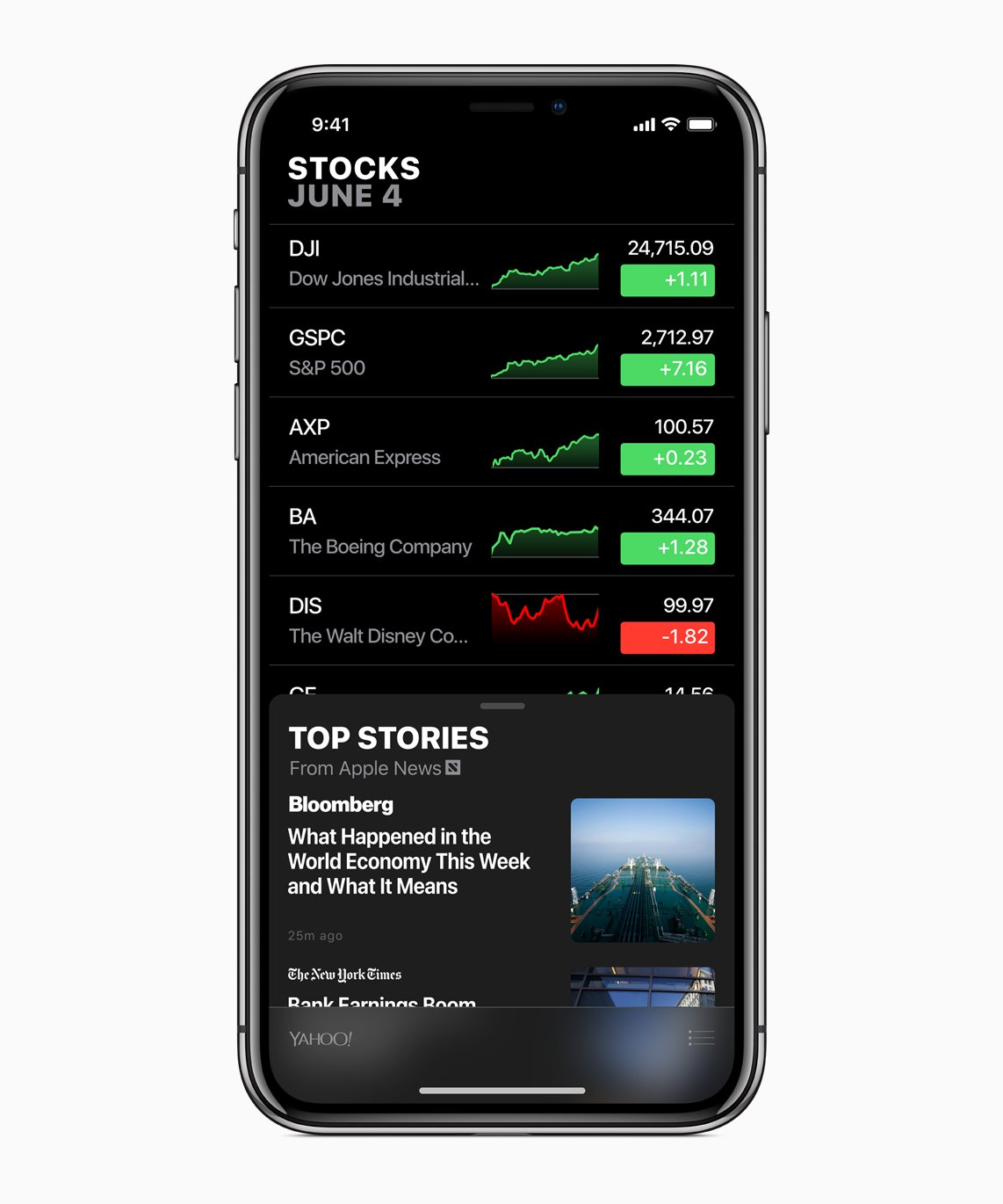 Stocks app in iOS 12 displayed on an iPhone