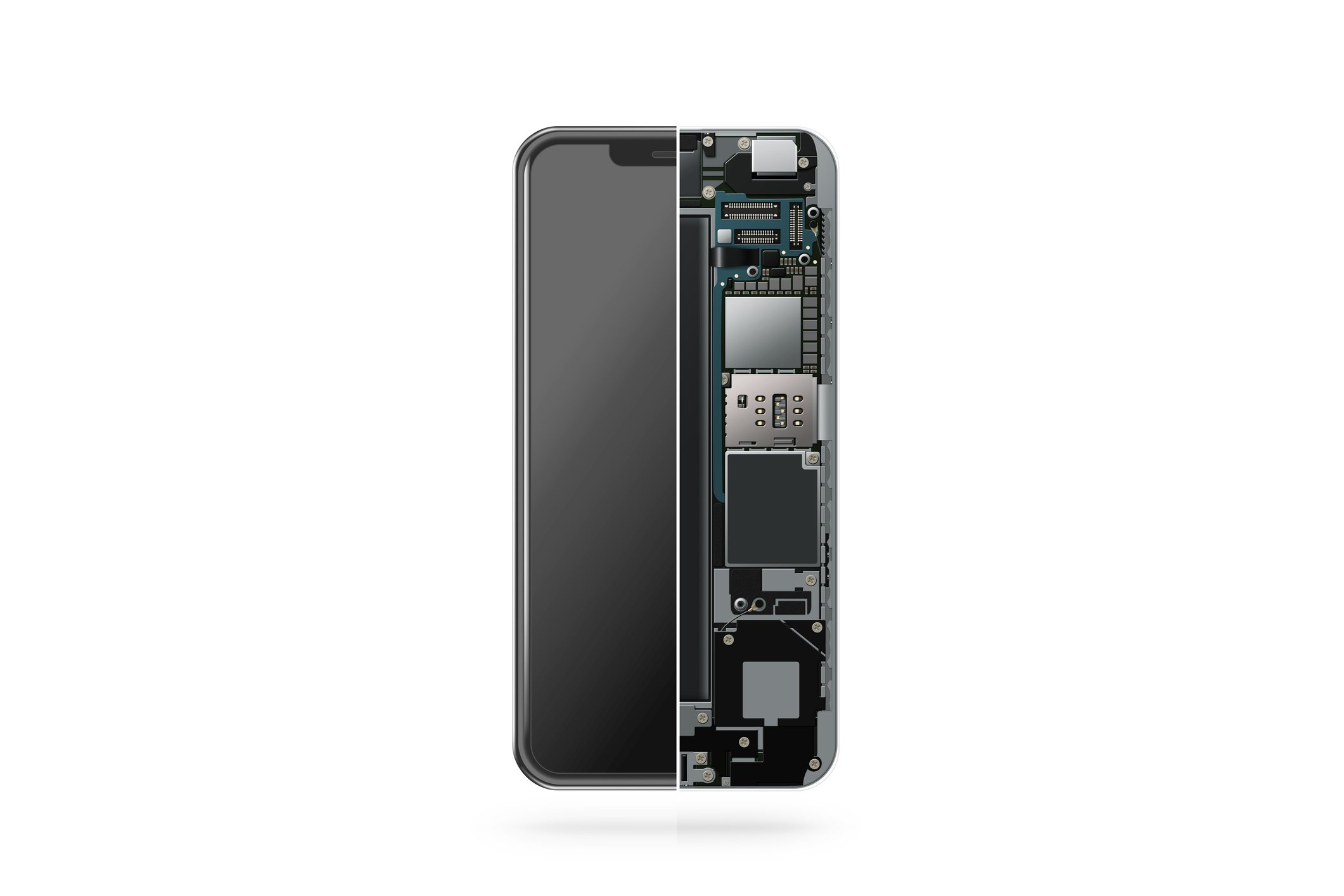 The back of a smartphone with half of the internal components showing