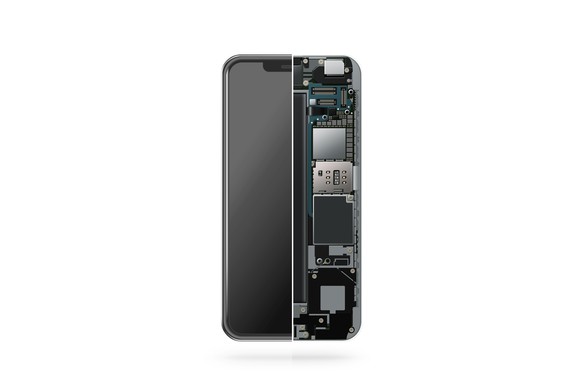 The back of a smartphone with half of the internal components showing