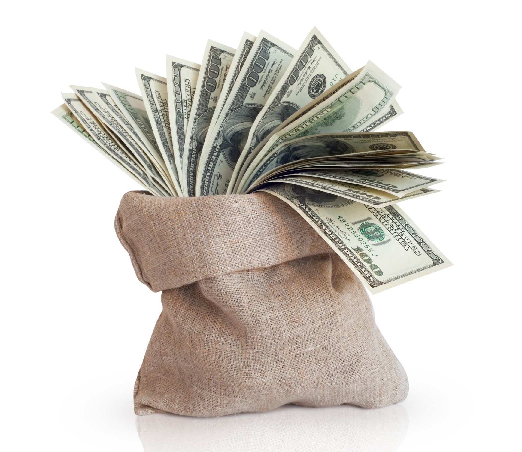 money bag full of cash hundred bills