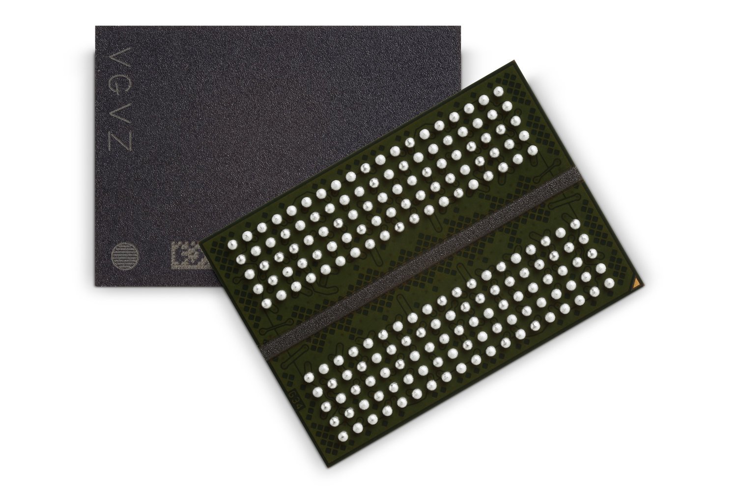The front and back of two Micron GDDR5X memory chips against a white background.
