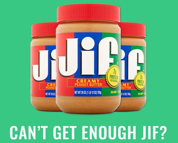Three jars of Jif creamy-style peanut butter.