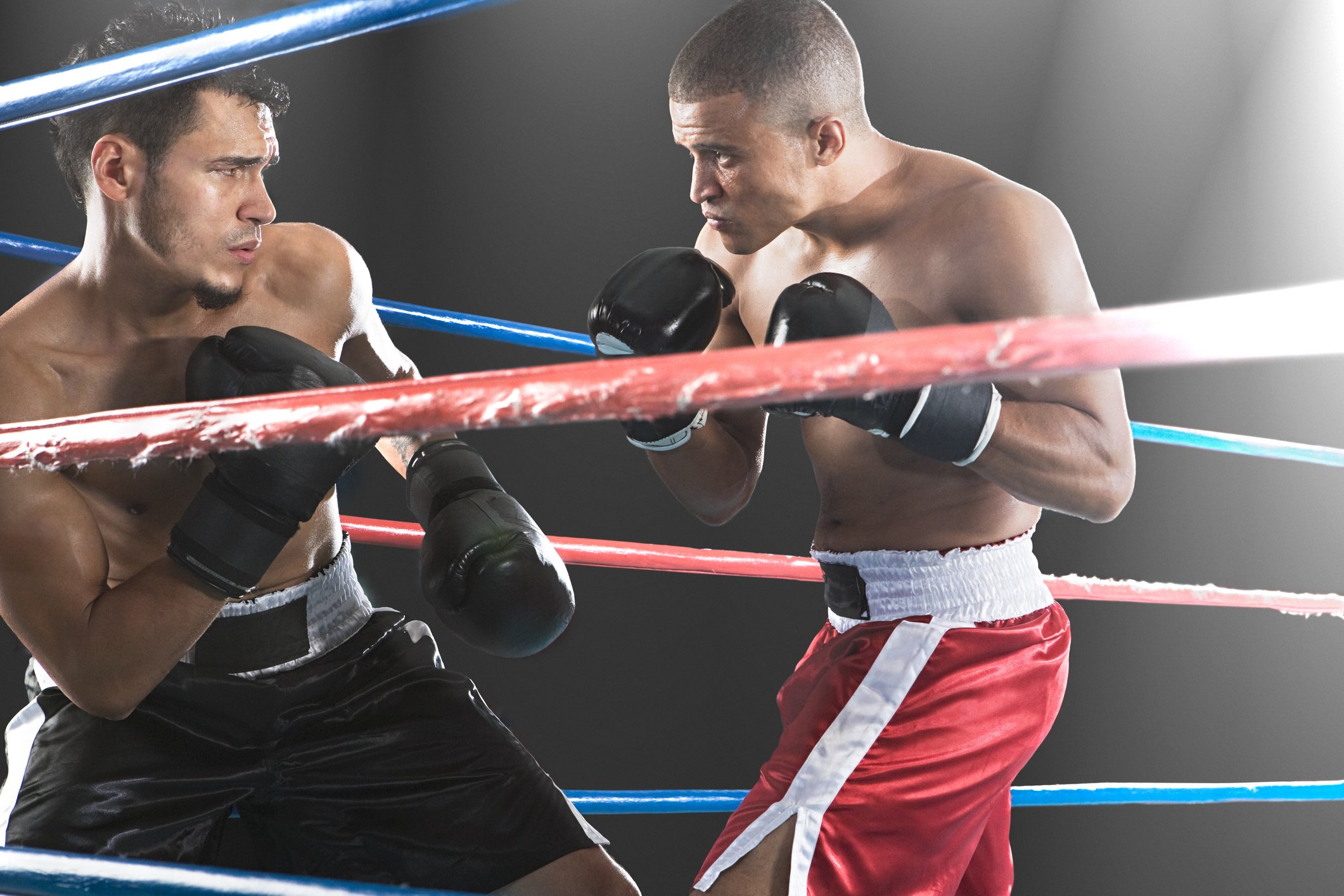 Two boxers squaring off in a boxing ring.
