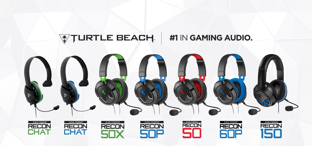 Seven of Turtle Beach's gaming headset models lined up horizontally with company name and logo and phrase "#1 in gaming audio" above them.