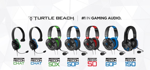 Seven of Turtle Beach's gaming headset models lined up horizontally with company name and logo and phrase "#1 in gaming audio" above them.