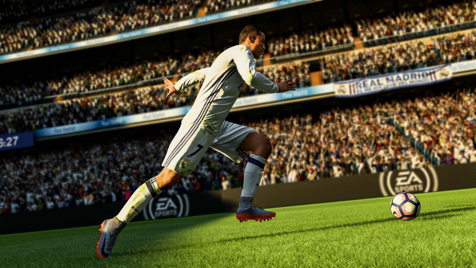 A player moving towards the ball in EA's FIFA 18 World Cup.